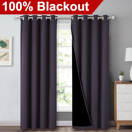 Image of NICETOWN 100% Blackout Curtains 84 inch Long, Greyish Purple, 52 inch Wide, Pair of Energy Smart & Noise Blocking Out Drapes for Baby Room Window, Thermal Insulated Guest Room Lined Window Dressing