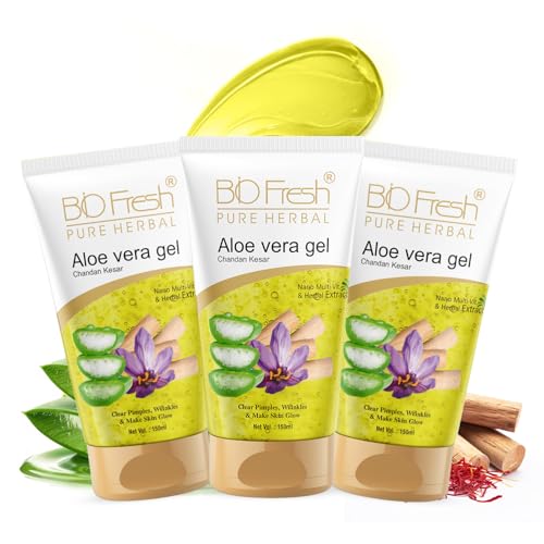 Image of BIOFRESH HERBALS Aloe Vera Gel - 150ml with Chandan Kesar Face Gel Multipurpose Gel for Skin and Hair with Nano Multi-Vit Extract Non-Sticky Anti-Acne Skin Care (Pack of 3)