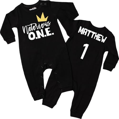 Notorious O.N.E. Hip Hop Themed First Birthday Long Sleeve Boy Girl Romper with Personalized Name (12M, BLACK)
