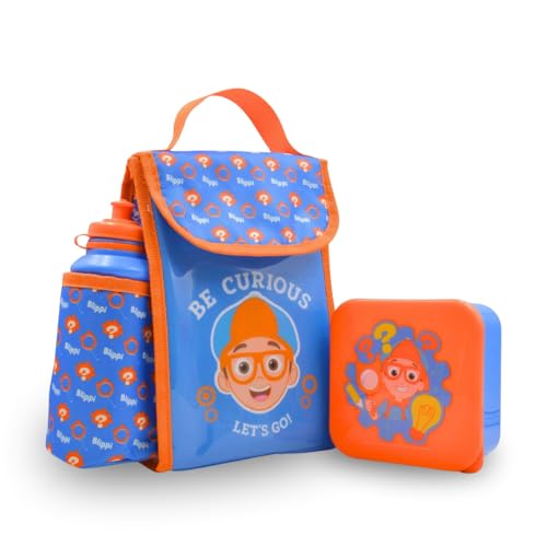 HOX Blippi 3 Piece Lunch Bag Set for Kids | School Set with Insulated Lunch Bag 400ml Water Bottle and Snack Pot | Carry Bag with Bottle Holder