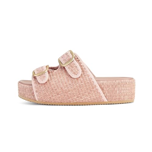 Image of Raffia Sandals for Women Platform Slide Sandals Espadrille Adjustable Double Buckle Summer Comfortable Cute Woven Casual Beach Shoes