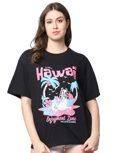 Image of Fabflee Oversized Cotton Baggy Drop Shoulder Graphic Tee with Half Sleeves | Korean Casual Loose T-Shirt for Women