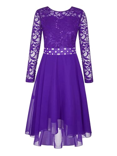 Kids Flower Girl Lace Chiffon Dress Long Sleeve High-Low Hem Junior Bridesmaid Dresses Proms Ball Gown3