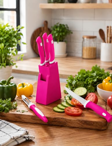 Image of 5-Piece Kitchen Knife Set with Stand, Stainless Steel Blades, Includes Peeler, 14x9x4 cm Block Multicolour (Pink, 5pcs Knife Pink)