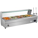 VEVOR 110V Bain Marie Food Warmer 5 Pan x 1/2 GN, Food Grade Stainelss Steel Commercial Food Steam Table 6-Inch Deep, 1500W Electric Countertop Food Warmer 55 Quart with Tempered Glass Shield