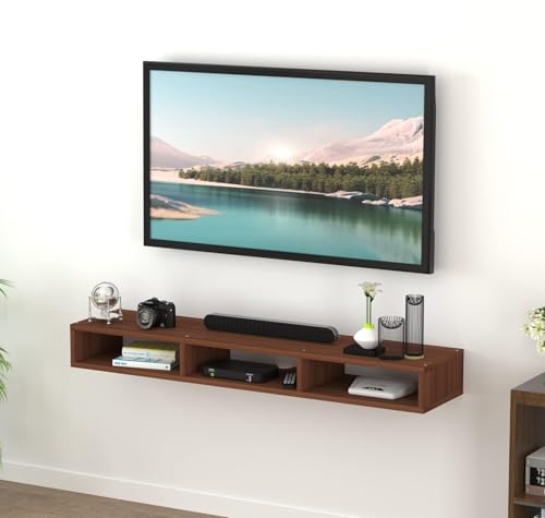 Image of Engineered Wood Wall Mount Modern Entertainment Floating TV Unit for 32-55 Inch TVs with Storage Shelf, Set Top Box Stand, Router Shelf & Cable Management (Wenge, 90 cm)