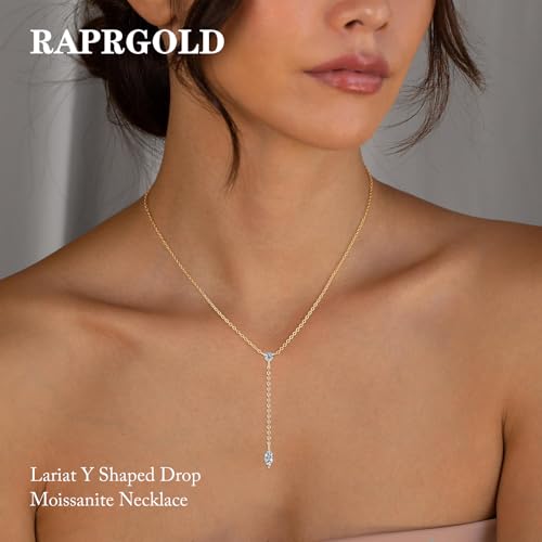 Lariat 14K White/Yellow Gold Plated Moissanite Necklace for Women, Dainty Long Necklace 925 Sterling Silver Chain Y-Shaped Pendant Drop Necklaces Trendy D Color Jewelry for Wife Mom Her3