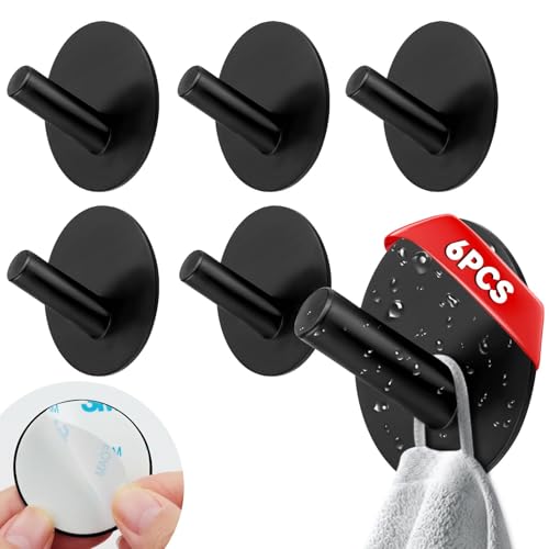 Ziamzra 6 Stück Handtuchhaken Ohne Bohren 45x30mm Klebehaken Edelstahl Runde Haken Selbstklebend Schwarz Bad Klebehaken Badezimmer Haken Stark Kleiderhaken Selbstklebend für Büro Bad Küche