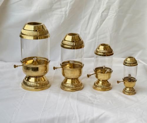 Image of K.N Creation Brass Akhand Diya with Adjustable Bati, Jyoti Wick Lifting Screw Lever, Akhanda Jyothi Deepam, Borosilicate Glass Cover for Pooja (Large, 250 ml: Oil Capacity, Long Lasting 48 Hours)