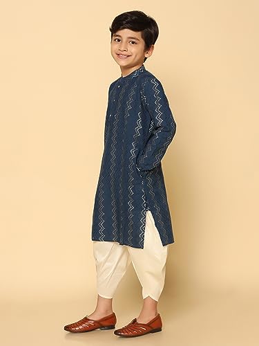 Image of KISAH Boy's Navy Blue Embroidered Cotton Kurta with Mirror Work - Full Sleeves, Knee Length, Regular Fit | Traditional Indian Festive Wear