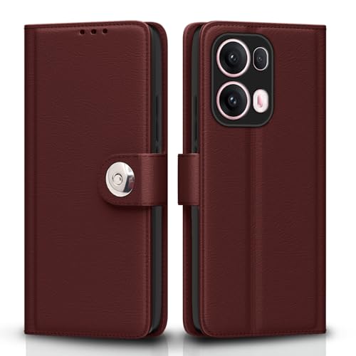 Image of Pikkme Flip Cover Leather Finish | Inside TPU with Card Pockets | Wallet Stand and Shock Proof | Complete Protection Button Flip Case for Oppo Reno 13 Pro 5G(Brown)
