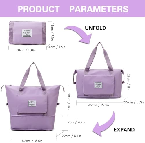 Image of HAKKU Nylon 41 Liter Expandable Travel Bags for Women, Duffle Bags for Women Luggage, Foldable Vanity Traveling Bag, Waterproof Hand Bag for Ladies Personal Items (Modern, Purple)