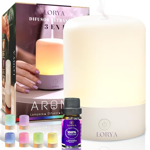 | LORYA® Super Pack 3x1 difusor aceites Esenciales + Aceite Esencial Lavanda 10ml + 7 Luces Led Premium I Humidificador aceites Esenciales Ultrasónico I Ambientador y Difusor De Aromas Silencioso |