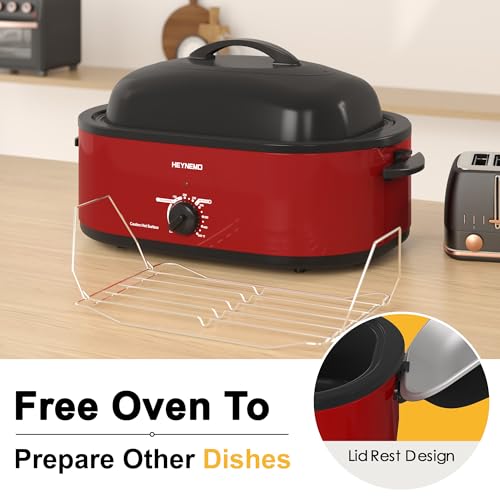 Image of 18 Quart Roaster Oven with Self-Basting Lid, Large Electric Turkey Roaster Oven with Defrost & Warm Function, Adjustable Temperature, Removable Pan & Rack, Stainless Steel, Red