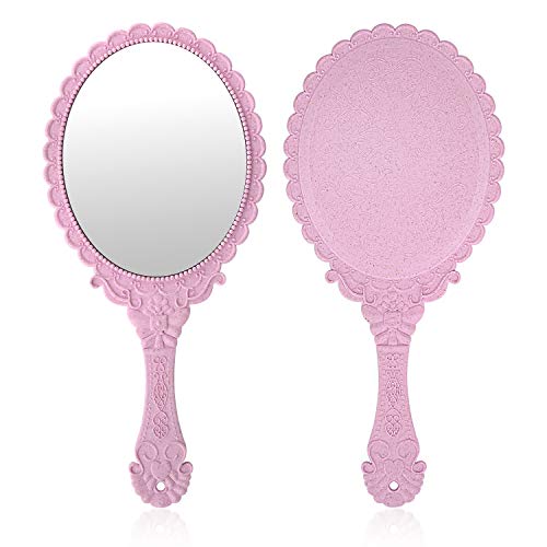 YUSONG Vintage Handheld Mirror, Small Hand Held Decorative Mirrors for Face Makeup Embossed Flower Portable Antique Travel Personal Cosmetic Mirror with Powder Puff (Pink)