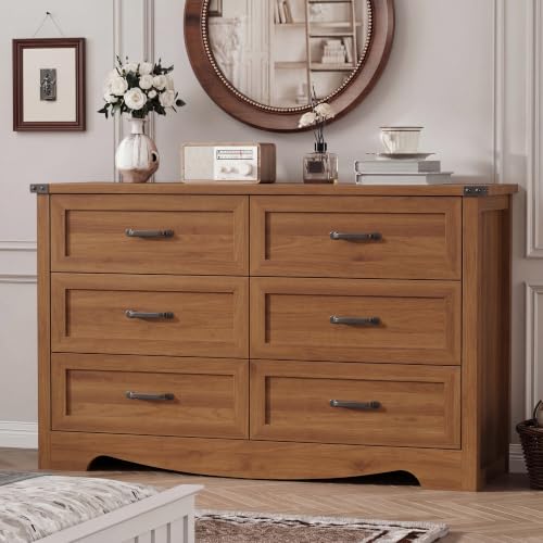 Image of Xixini Dresser for Bedroom with 6 Drawers, 54 inch Wide Wood Chest of Drawers with Mental Handle, Modern Dresser TV Stand, Wooden Closet Storage Organizer for Living Room, Hallway, Entryway, Walnut