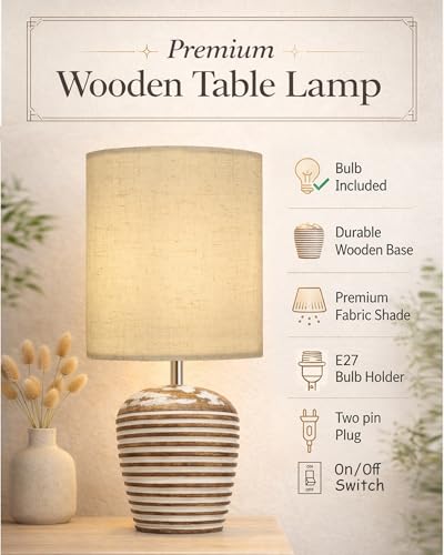 Image of Homesake Wooden Lamp for Living Room | Table Lamp for Bedroom | Bedside Lamp with Fabric Shade | E27 Holder with Bulb Included | Warm Light Night, Study Table & Home Decor (KD Khadi Drum)