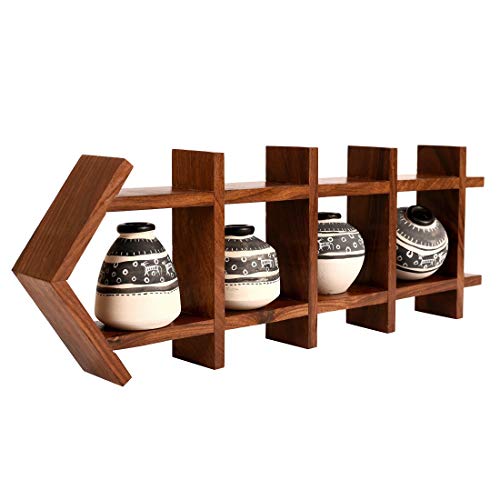 Image of AAKRITI ART CREATIONS Ladder Wall Decor 4 White Handcrafted Warli Pots | Wooden Wall Hanging Shelf Terracotta Vases | Matte Finish Decorative Wall Art for Living Room, Entryway & Gifting