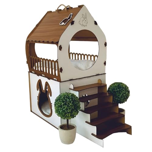 Jungengel XL Kaninchenhaus Zweistöckig 67x70x40 cm mit Rampe Holz - Hasenhaus Indoor MDF Stecksystem ohne Schrauben, 2 Etagen für 1-2 Kaninchen Meerschweinchen, Nagerhaus Kleintierstall Braun
