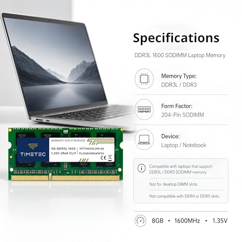 Image of Timetec 80GB KIT(10x8GB) DDR3L / DDR3 1600MHz (DDR3L-1600) PC3L-12800 / PC3-12800 Non-ECC Unbuffered 1.35V /1.5V CL11 2Rx8 Dual Rank 204 Pin SODIMM Laptop Notebook PC Computer Memory RAM Module Upgrade