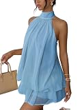 Xiaoliny Sexy Kleid Damen Neckholder Chiffonkleid Ärmelloses Minikleid Elegant Sommerkleid Y2K Rückenfrei Partykleid Cocktailkleid A Linie Rüschen Kurz Kleider Lockeres Strandkleid Swing Skaterkleid