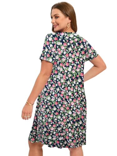 Image of ZENNILO Women's Plus Size Swing Dress with Pockets Casual Summer Dresses V Neck Short Sleeve T Shirt Dress for Women