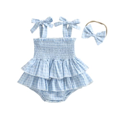 Image of Himllauen Infant Baby Girls Summer Romper Dress Toddler Sleeveless Peach Print Cami Playsuit with Headband for Newborn Girl (Blue, 0-3 Months)