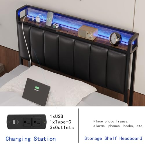 Image of Full Size Upholstered Headboard with LED Lights & Charging Station, PU Upholstery, Full Headboard Only, Height Adjustable, Attach Frame, Sturdy and Stable, Easy Assembly
