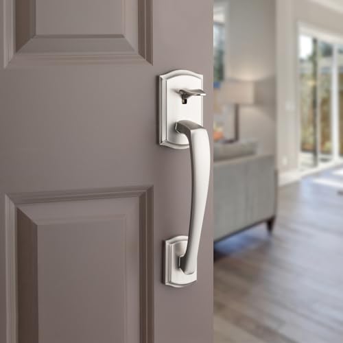 Image of Kwikset Prescott Front Door Handle No Lock, Entry Handleset Exterior with Interior Reversible Handed Lever, Non-Locking, Satin Nickel, Deadbolt Not Included, with Microban Protection