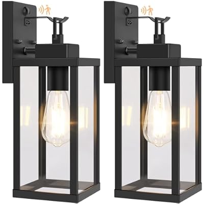 BesLowe 14” Upgraded Motion Sensor Outdoor Wall Lights, Dusk to Dawn Porch Lights Outdoor Wall Sconces, 3 Lighting Modes Exterior Lighting Fixtures with Hooks, Black Outside Lights for House, 2-Pack