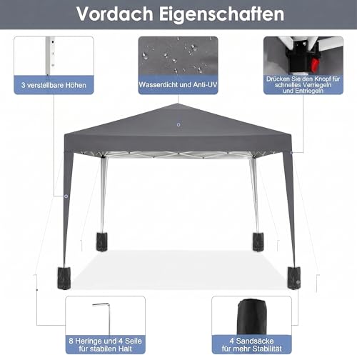 Image of COBIZI Folding Gazebo 3 x 3 Waterproof Stable Winterproof Outdoor Foldable Tent Gazebo, Folding Tent Pop Up Gazebo, UPF 50+ UV Protection Marquee with Carry Bag for Garden Party, Grey