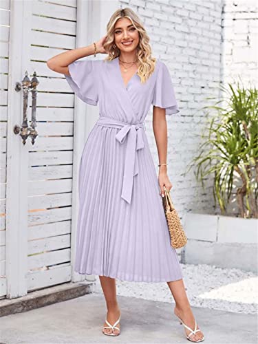 Robe d'été plissée à manches courtes et col en V fluide - 3