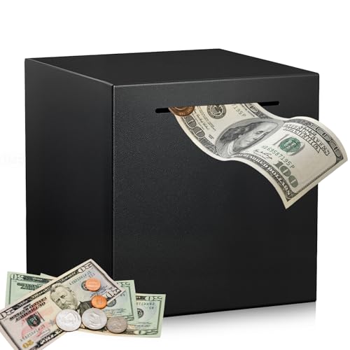 Tirelire en acier inoxydable - 12 x 12 x 12 cm - Fermée - Résistante aux chutes - Noire - Pièces et billets - Ne s'ouvre pas