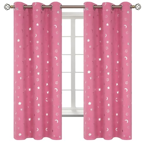 Image of BGment Kids Curtains for Bedroom 63 Inch Length 2 Panels Set, Star and Moon Blackout Curtains for Boys Room Decor, Nursery Thermal Insulated Room Darkening Curtains with Grommet, 38 Wide, Pink