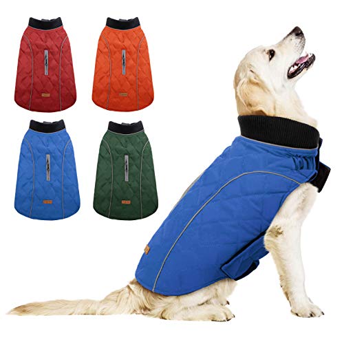 KOESON Windproof Dog Cold Weather Coat, Reflective Pet Winter Thick Warm Outdoor Jacket with Harness Hole, Comfy Cotton Apparel Padded Vest for Small Medium Large Dogs Blue L
