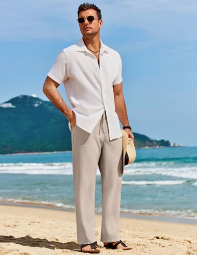COOFANDY Calça masculina casual de linho, ajuste solto, cintura elástica, cordão, leve, verão, praia