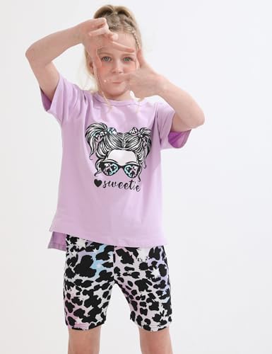 Image of mksodopy Girls Summer Clothse Graphic Print Front and Back High and Low Irregular T-shirt Cycling Shorts Set