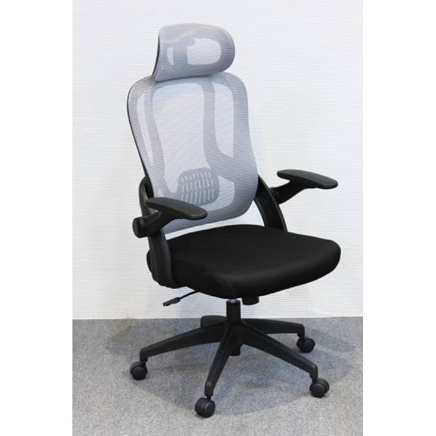 アーム付きメッシュチェア グレー オフィスチェア 高機能チェア グレーフレーム ヘッドレスト付き