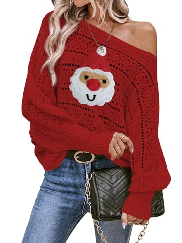Cakulo Womens Off Shoulder Ugly Christmas Sweater Top Fall Fashion 2025 Oversized Knit Crochet Sweaters Xmas Snowman XL