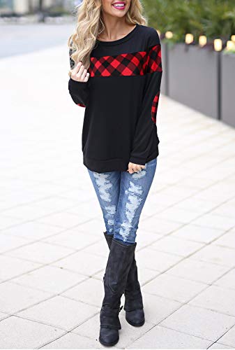 Blooming Jelly Women's Crewneck Sweatshirt Colorblock Plaid Shirt Elbow Patches Pullover Sweatshirt Christmas Top(L) Black - Image 3
