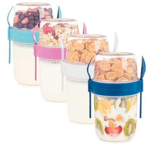 4 Pack Breakfast 22 oz On The Go Cups with Lids and Spoon, Reusable Cereal Yogurt Cup with Topping Plastic Overnight Oats Container for Granola Oatmeal (22 oz - 4 Pack)