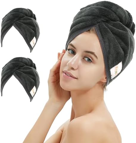 M-bestl 2 Pack Microfiber Hair Towel Wrap,Hair Drying Towel with Button,Absorbent and Anti-frizz Head Towel to Dry Curly or Straight Hair Quickly (Black)