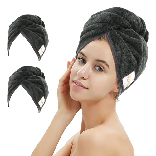 M-bestl 2 Pack Microfiber Hair Towel Wrap,Hair Drying Towel with Button, Hair Towel Turban,Quick Dry,Anti-frizz,Absorbent Head Towel (Pink&Beige)