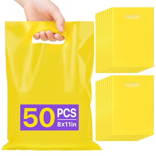 ANZNKU 8x11 Yellow Party Favor Bags 50 PCS Plastic Gift Bags for Easter Candy Treat Jewelry Craft Goodie Bag with Die Cut Handles for Birthday School Events & Small Business Wedding