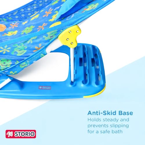 Image of Storio Newborn Baby Bather | Foldable 3-Position Adjustable Bath Chair for Infants 0-12 Months | Anti-Skid Base | Soft Washable Mesh Seat | Comfortable & Safe Bath Support for Babies up to 5Kg - Blue
