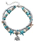 Chaioe Boho Double Turquoise Anklet Silver Elephant Anklet Bracelets Starfish Foot Chains for Women and Girls