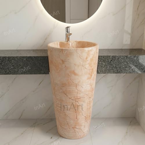 Image of InArt One Piece Ceramic Pedestal Free Standing Round Wash Basin for Living Room and Bathroom (15 x 15 x 33 Inch) (Orange Marble)