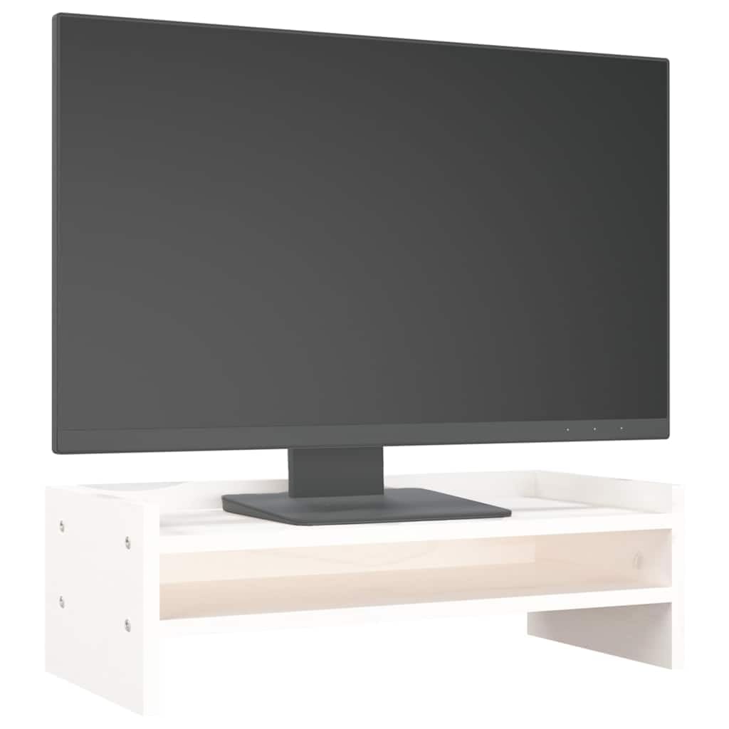 Supporto per monitor bianco in legno di pino massiccio, 50 x 24 x 16 cm, da scrivania con spazio e gestione dei cavi, per ufficio, casa, postazione di lavoro per alzare monitor e ripiano