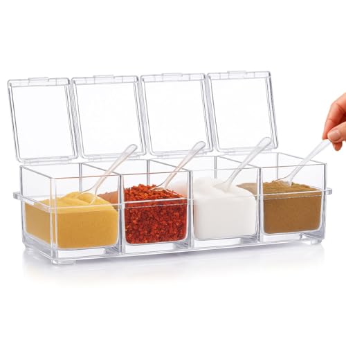 Image of FreshDcart Fdca389 Masala Container | Acrylic 4-Grid Transparent Masala Dabba | Spice Box with Serving Spoons for Masala, Salt, Pepper Storage (1 Pc, Beige)