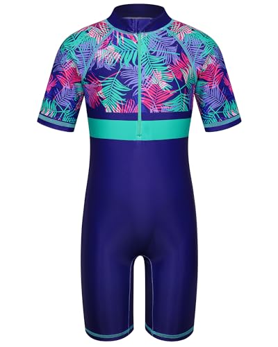 Image of TFJH E 1PCS Girls Short Sleeve Swimsuits UV 50+ Bathing Suits Sunsuits Zipper 2-14Y